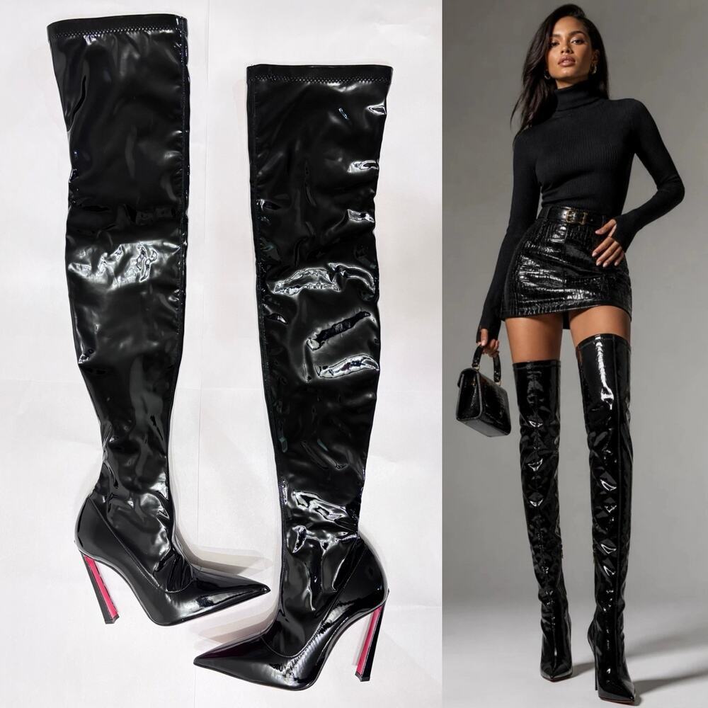 Christian Louboutin Condora Botta Alta Black Patent Leather Thigh-High Boots 37